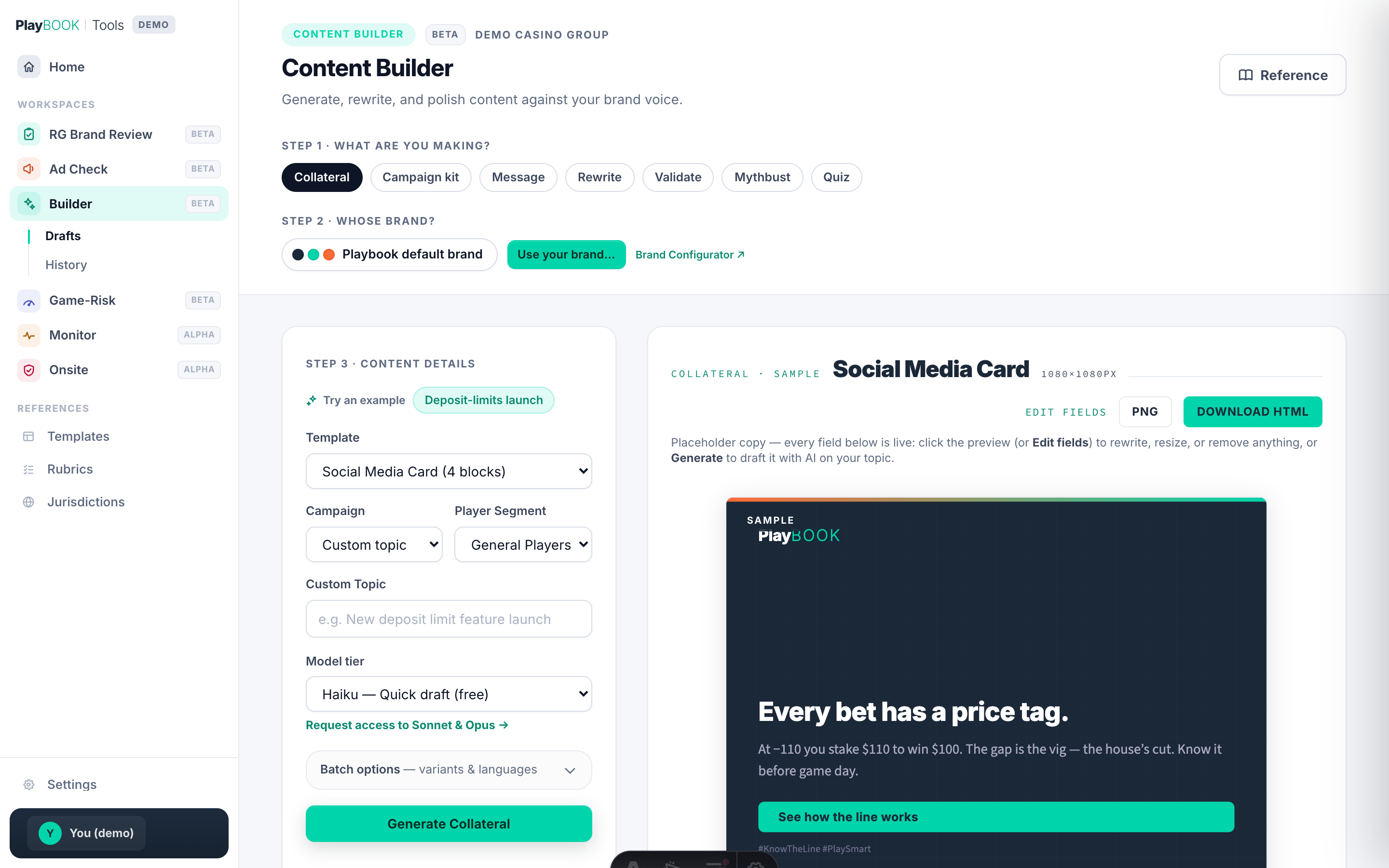 The Content Builder screen drafting a social media card: setup steps for what to make and whose brand on the left, and a live on-brand preview reading “Every bet has a price tag” on the right.