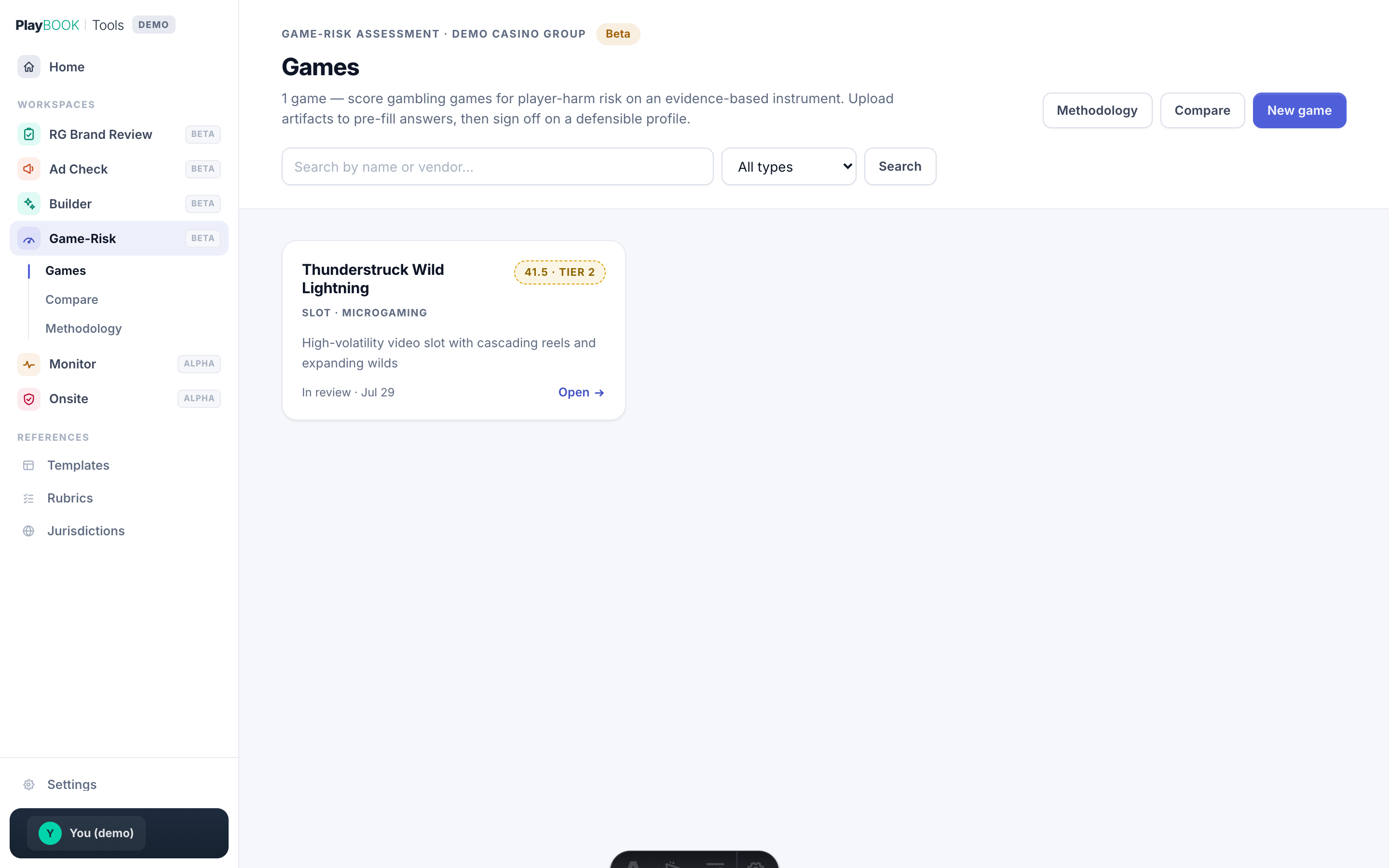 The Game-Risk assessment listing a scored slot, “Thunderstruck Wild Lightning”, placed in risk Tier 2, with search, compare, and methodology controls.