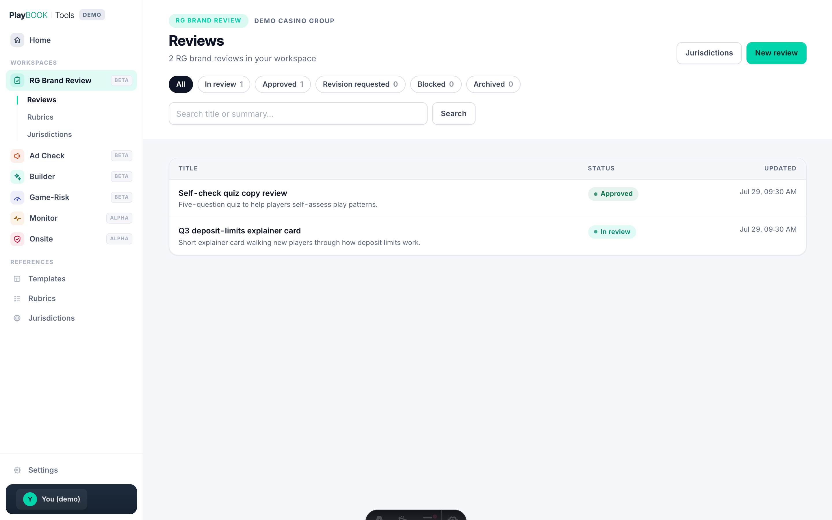 The RG Brand Review workspace listing two reviews: a self-check quiz copy review marked approved and a Q3 deposit-limits explainer card in review, with status filters across the top.