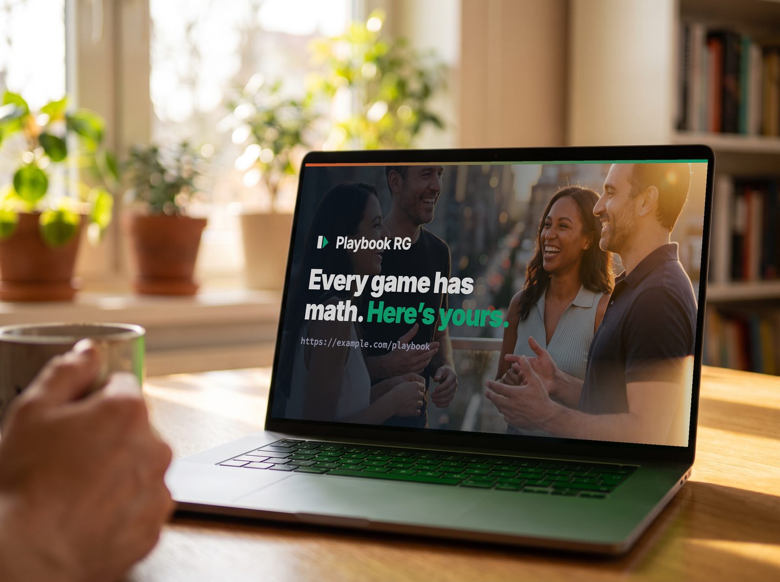 A laptop showing the Playbook content hub, headed “Every game has math. Here’s yours.”