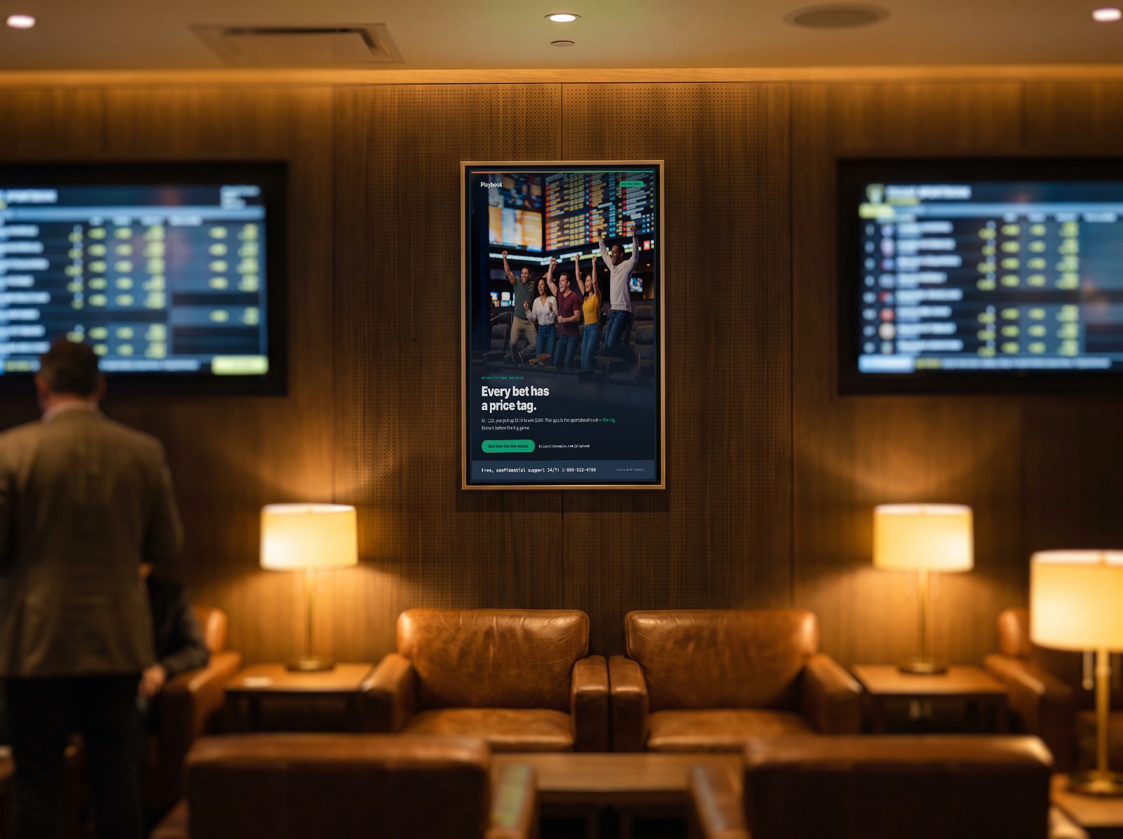 The framed Playbook poster in a sportsbook lounge between the odds screens: fans celebrating under “Every bet has a price tag.”