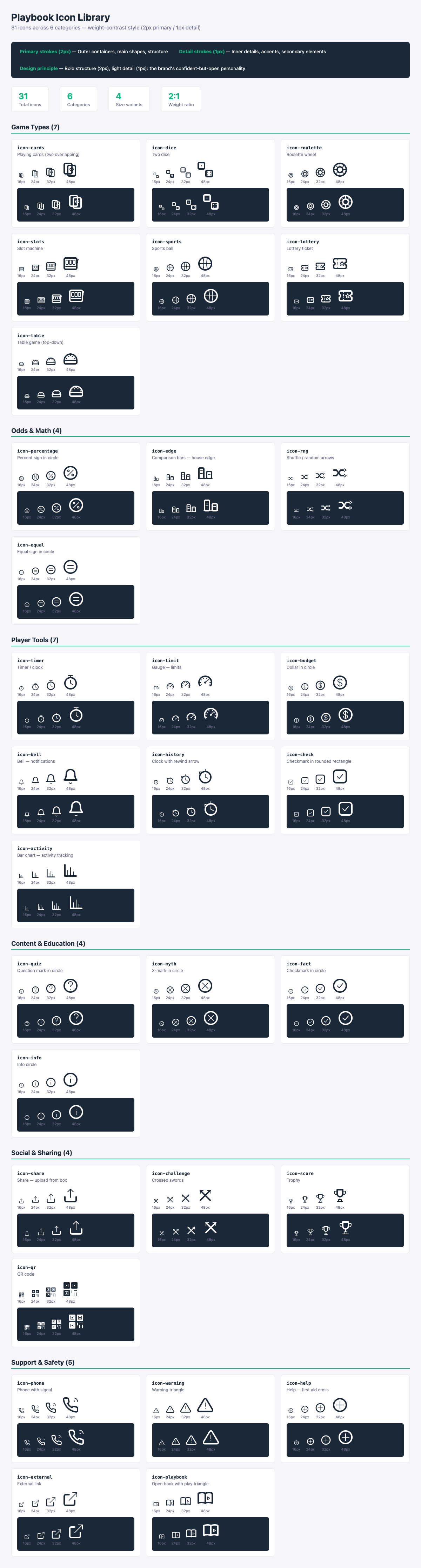 Playbook icon library preview grouped by game, math, tools, content, social, and support
