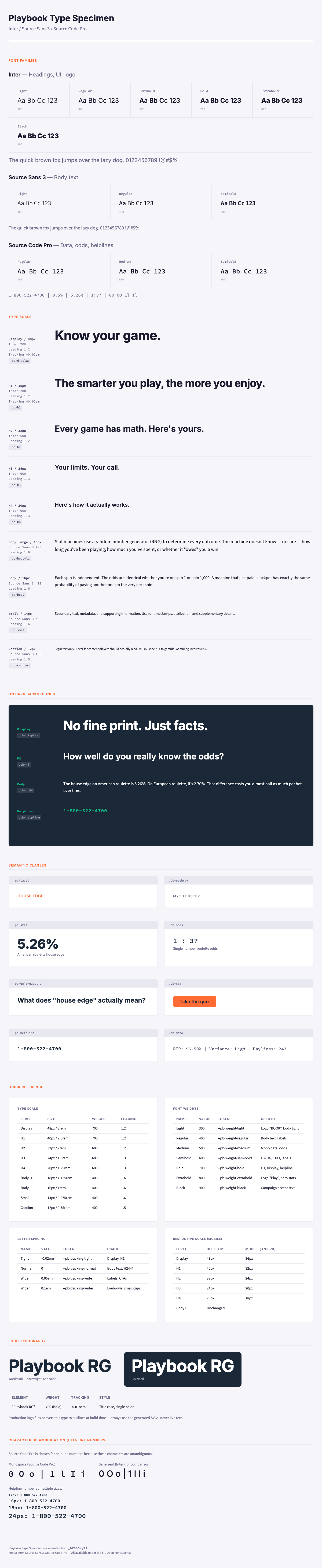 Playbook typography specimen showing the display, body, and monospace type system